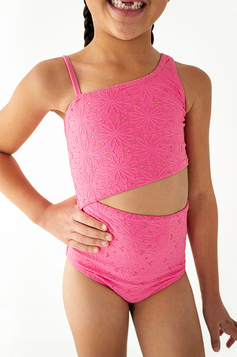 Girls One Piece in Eyelet Flamingo