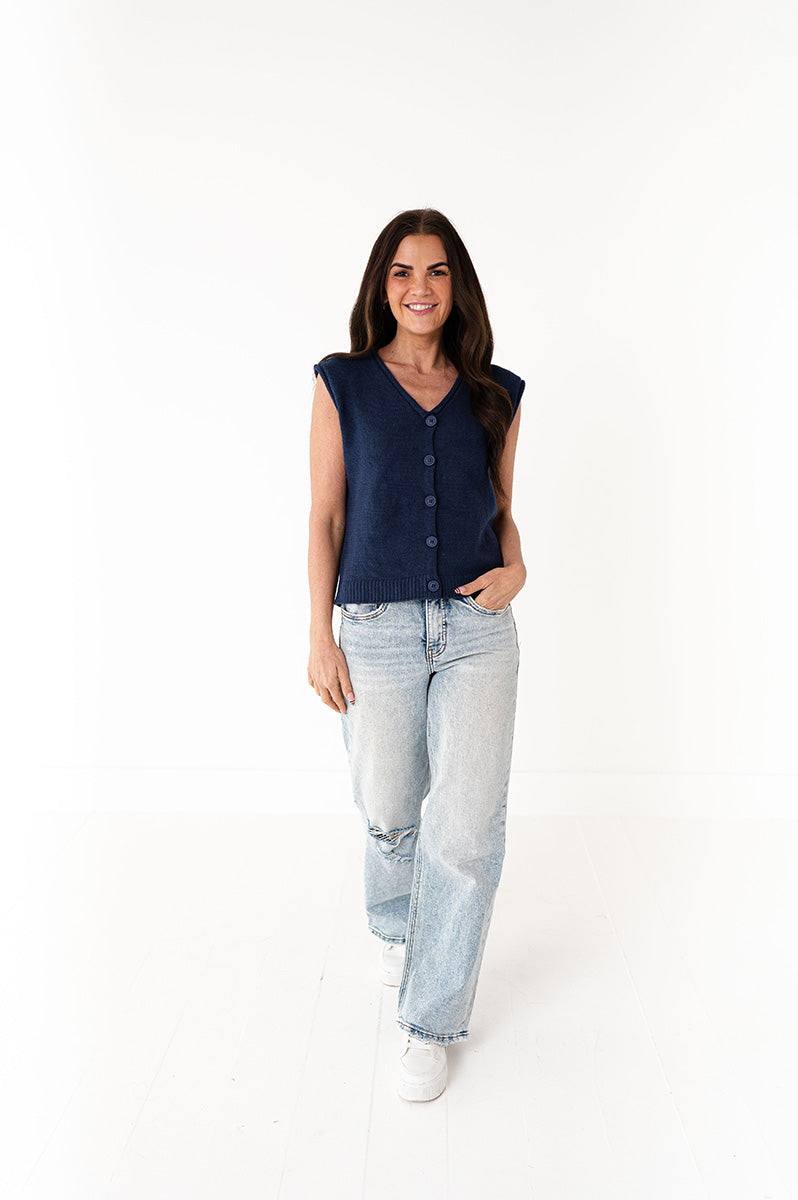 Brighton Button Up Vest in Navy
