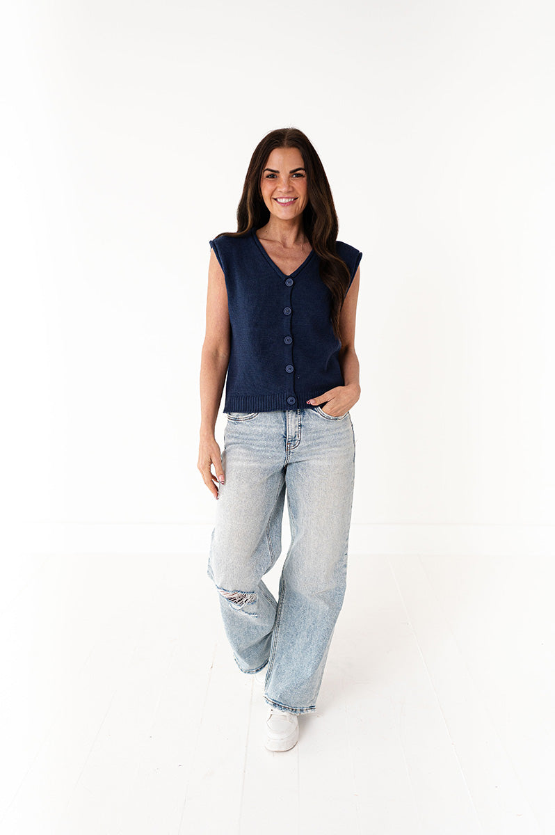 Brighton Button Up Vest in Navy