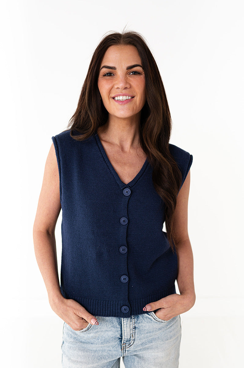 Brighton Button Up Vest in Navy