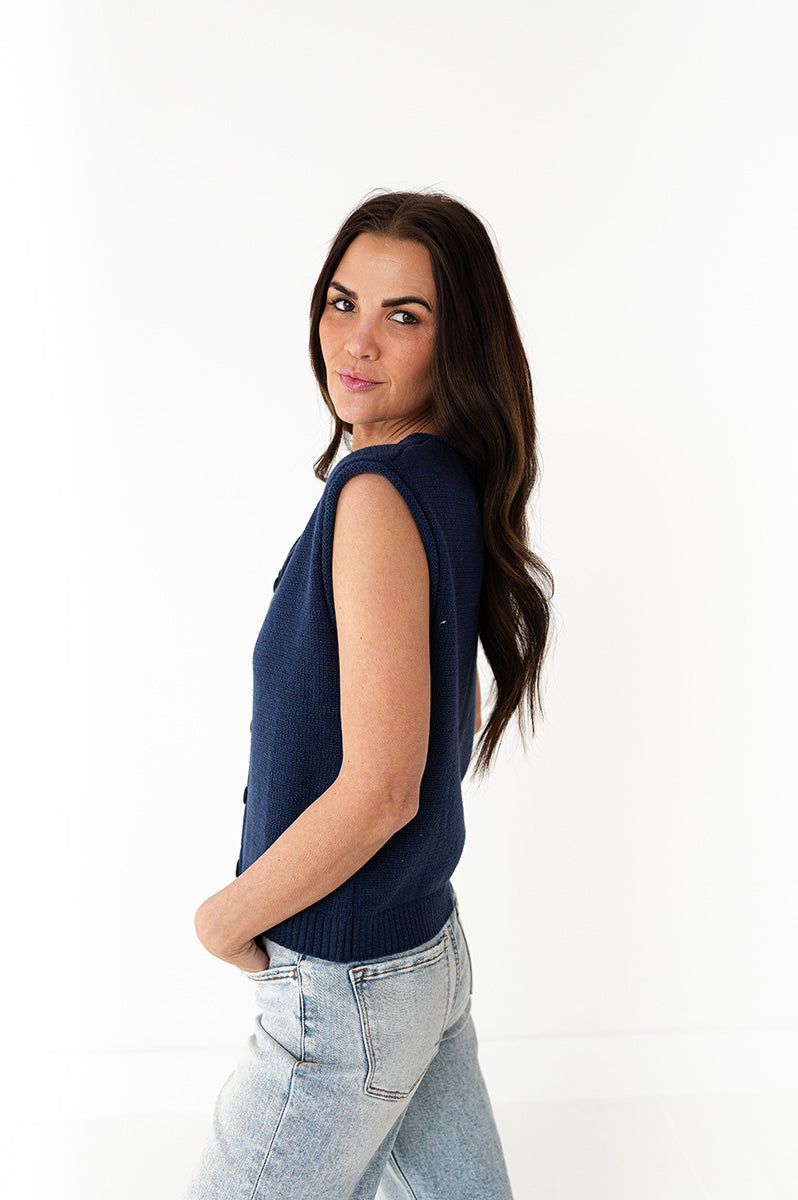 Brighton Button Up Vest in Navy