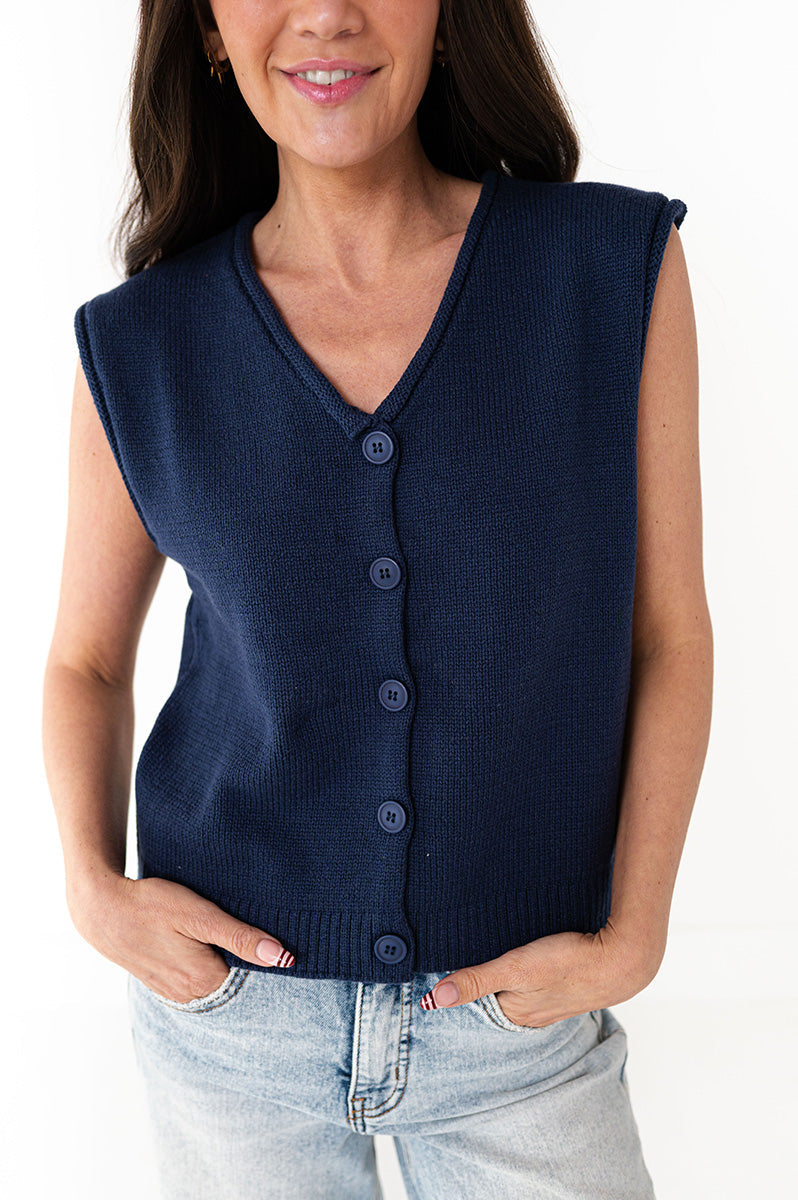 Brighton Button Up Vest in Navy